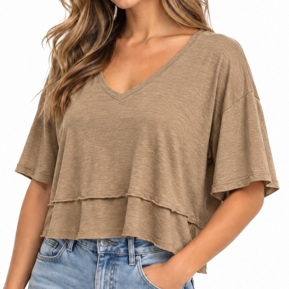 Aerie Women Beige V-Neck Crop Top M Oversized Boxy Relaxed Casual Cotton